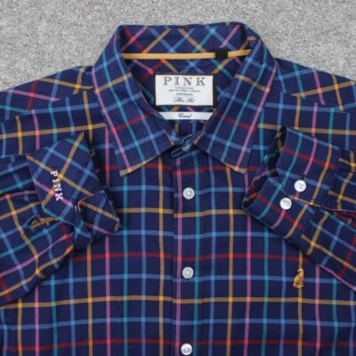 Thomas Pink Shirt Mens Large Blue/Yellow Cotton Slim Fit Casual L/S Button Up - Image 1 of 4