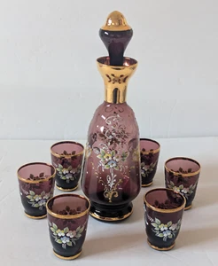 BOHEMIAN CZECH AMETHYST Purple Decanter w/6 Shot Glasses Set GOLD HANDPAINTED - Picture 1 of 14