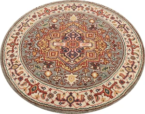 Exquisite Traditional Hand-Knotted Heriz Serapi Indian Wool Round Rug 4x4 ft - Picture 1 of 16