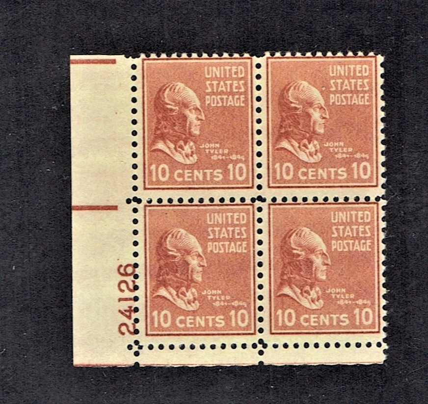 1938 U.S. PRESIDENTIAL SERIES 10c Red Brn Tyler  Plt#BLK of 4 Sc#815 M/NH/OG ^ - Image 1 of 1