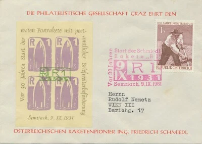 ÖSTERREICH RAKETENPOST 1961 Brief m. sog. Schmiedl-Raketenblock (Kat 41) nur 600 - Bild 1 von 2