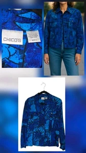 Chicos Size Med 1 Jaguarred Blue Floral Nautical Long Sleeve Artsy Blazer Top - Picture 1 of 8