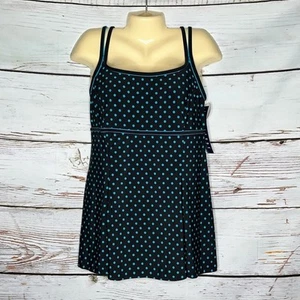 Longitude NWT Size 12 Black - Blue Polka Dot One Piece Bathing Suit Swim Dress - Picture 1 of 3