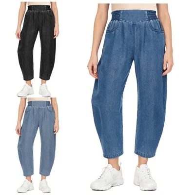 Womens Jeans Pockets Long Pant Festivals Wide Leg Pants Rave Elastic Meetings - Image 1 of 4