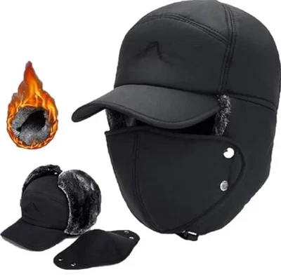 Sombrero de trampero forrado de piel térmica 3 en 1 de invierno con solapa para orejas cubierta calentadora facial completa Foto 1 de 4