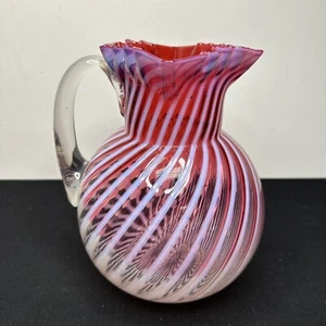 Antique Glass Satin Swirl Spiral Optic Pitcher Cranberry Opalescent 8.5” - Picture 1 of 9