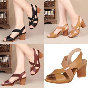 Women Summer Sexy Peep Toe Hollow Roman Sandals Chunky Heels Slip On Strap Shoes - Picture 1 of 9