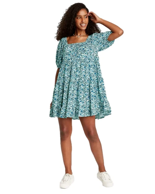 Wild Fable Womens Blue Floral Puff Short Sleeve Pullover Ruffle Dress Size XS