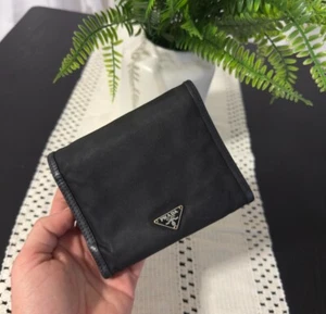 Authentic Vintage Prada Logo Plate Black Nylon Leather TriFold Wallet Purse - Picture 1 of 21