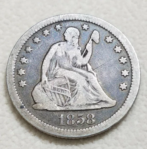 Seated Liberty Quarter 1858 Fine+ Condition 90% Silver Coins Collection Type $$$ Cover