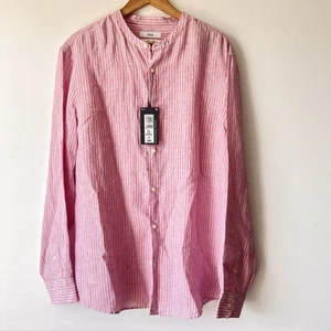 M&S Pink Stripe Pure Linen Grandad Collar Long Sleeve Shirt Size XLARGE 44 46" - Picture 1 of 7