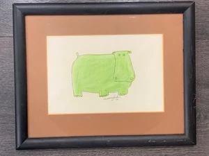 Original Naomi Parker 1974 Hand Painted Watercolor Green Hippo Signed Art - Picture 1 of 4