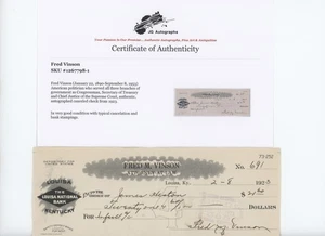 Fred Vinson Signed Auto Check Chief Justice Supreme Court Brown vs Board Ed COA - Picture 1 of 1