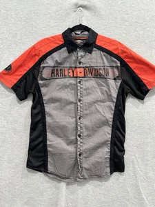 Harley Davidson Mechanic Shirt Medium Black Orange Embroidered Garage Button Up - Foto 1 di 9
