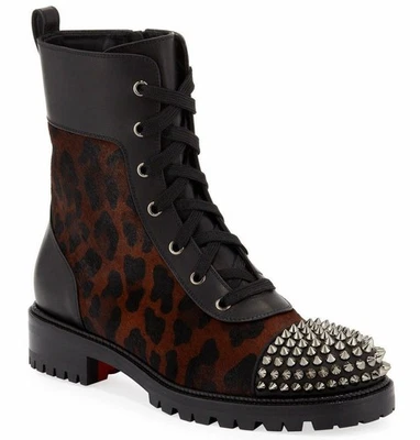 Christian Louboutin TS Croc Plano Negro Leopardo Pony Spike Combat Botín 36.5 Foto 1 de 4