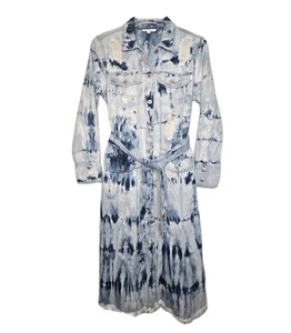 Vintage Grunge Bohemian Chic Distressed Tie-Dye Denim Dress Midi Coat Duster - L - Picture 1 of 21