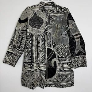 Chicos Design Top Tunic Large Asian Inspired Silk Fish Tribal Art to Wear - Picture 1 of 10