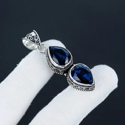 Zaffiro Blu Gemma a Mano 925 Pendente Argento Sterling Per Anniversario Regalo - Immagine 1 di 4
