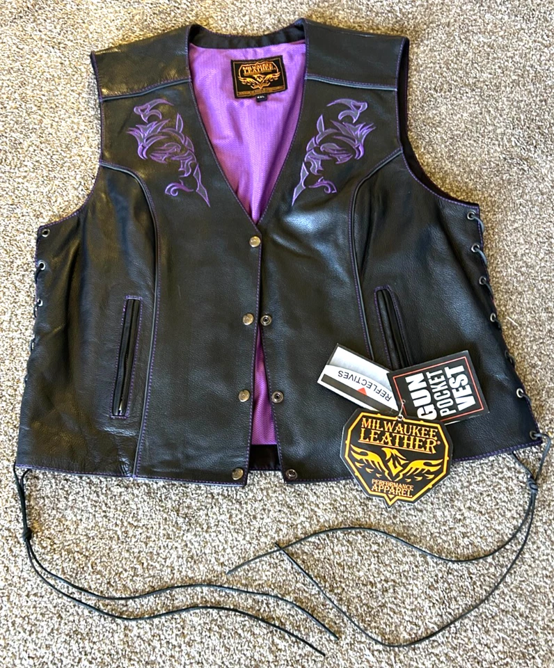 Milwaukee Leather Biker Vest Women's 4XL Black Purple V-Neck  Side Tied - Image 1 of 4