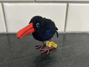 Steiff Vintage Wool Mini Pom Pom Crow Raven 1508,46 Button Flag Metal Legs - Picture 1 of 5
