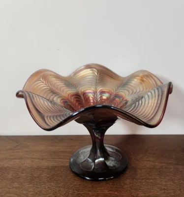 FENTON PEACOCK TAIL AMETHYST CARNIVAL GLASS COMPOTE - Image 1 of 4