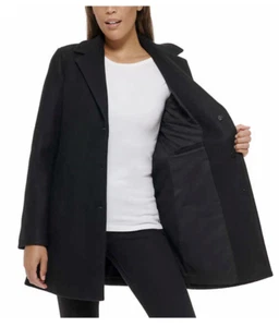 DKNY Women's BLACK 3 Button Front Pea Lined Coat Collar Inside Pocket XL Jacket - Picture 1 of 6
