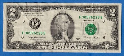 USA $2 1995  P-497 "Atlanta"  - Circulated Banknote F30576225B - Image 1 of 2