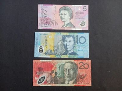 AUSTRALIA 5 (1995) + 10 (2006) + 20 (1994) DOLLARS Polymer Banknotes - Image 1 of 2