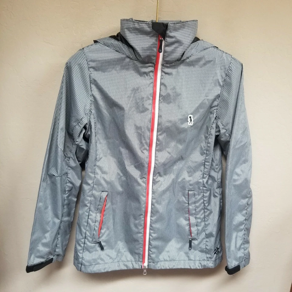 Chaqueta cortavientos IZOD para mujer XS Performx negra guinga con capucha empacable al aire libre Foto 1 de 4