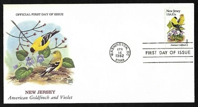#1982  20c New Jersey State Bird & Flower- Goldfinch & Violet - C. Ripper FDC  - Image 1 of 2