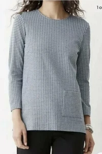 J JILL L Blue Gray Houndstooth Rayon Blend 3/4 Sleeve Ponte Knit Tunic EUC - Picture 1 of 3
