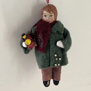 Vintage Boy Green Felt Coat Holding Train Figurine Doll Christmas Ornament Flaw - Picture 1 of 20