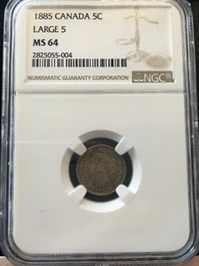 1885  Large 5;  NGC Graded Canadian Small Silver Five Cent, **MS-64** #004 - Picture 1 of 10