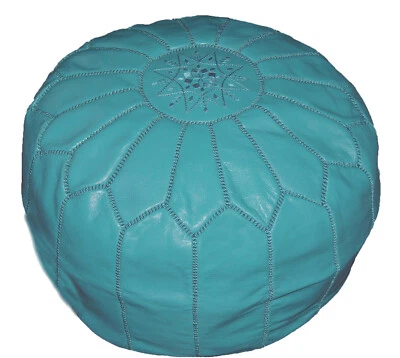 Moroccan Pouf Footstool Hassock Ottoman Poof Handmade Leather Genuine Turquoise  - Image 1 of 4