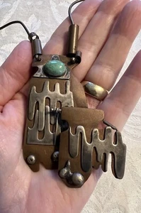 MCM Artesian Mixed Metals Brutalist Aztec Navajo Copper Silver Necklace Pendant - Picture 1 of 13