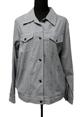 Quaker Factory Jacket Studded Blinged Gingham Pattern Navy White Women's Small - Image 1 of 4