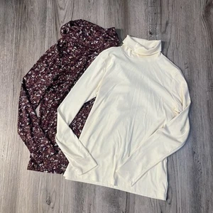 LL Bean Womens Supima Cotton Long Sleeve Turtleneck XS/XS Petite Cream/Purple - Picture 1 of 22