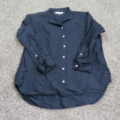 Camisa con marco para mujer pequeña negra abotonada mezcla de lino manga larga informal cuello Foto 1 de 4