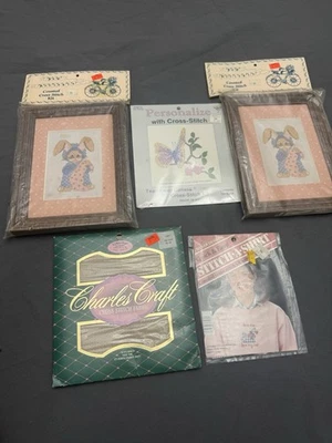 Lot of 5 Vintage Cross Stitch Kits & Fabric Banar Charles Craft 1980s-90s NOS - Image 1 of 4