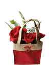 Red Artificial Silk Flower Arrangement in Jute Florist Bag & Vase
