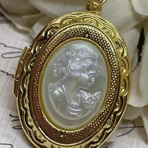 Bright Gold Locket White Pearl  Lady Victorian Maiden Necklace Gift Mom Unique - Picture 1 of 13