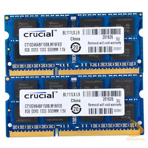 Crucial 2Pcs 8GB 2Rx8 PC3-10600S DDR3-1333Mhz SODIMM Laptop Memory RAM 1.5V @dd - Picture 1 of 6