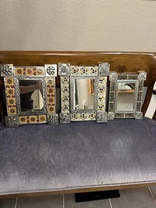LOT THREE Handmade Punched Tin Talavera Tile Rectangle Mirrors 13x11 Mirror - Picture 1 of 8