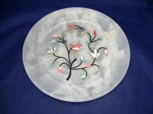 VINTAGE GLASS? PLATE W INLAY PINK  & AQUA FLORAL DESIGN - VERY UNUSUAL GORGEOUS! - Picture 1 of 5