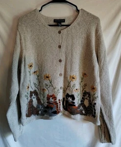 VTG NORTERN ISLES Linen Blend Women M Grandmacore Cats Flowers Knit Cardigan EUC - Picture 1 of 7