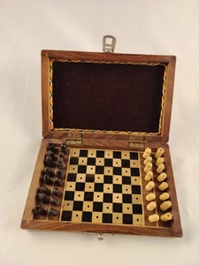 Old Vintage Travel Lot Chess Set Wood Chessmen~Rare Inlaid Velvet Lined Box - Picture 1 of 12
