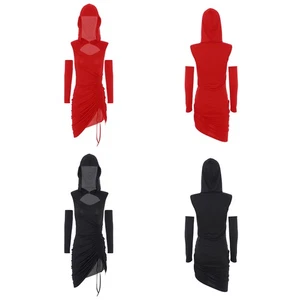 Womens Vampire Dress Halloween Costume Gothic Witch Hooded Dress with Oversleeve - Picture 1 of 24
