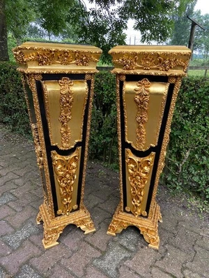 Pedestals Pillars Louis XVI Style Gold & Black Pair with Marble Tops Vintage - Image 1 of 4