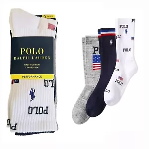Polo Ralph Lauren Mens USA Flag Pack of 3 Performance Crew Socks Shoe Size 6-12 - Picture 1 of 4