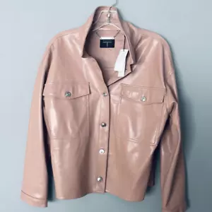 NWT TAHARI Sz M Gorgeous Pink Silver Button down lined Faux Leather Jacket - Picture 1 of 12